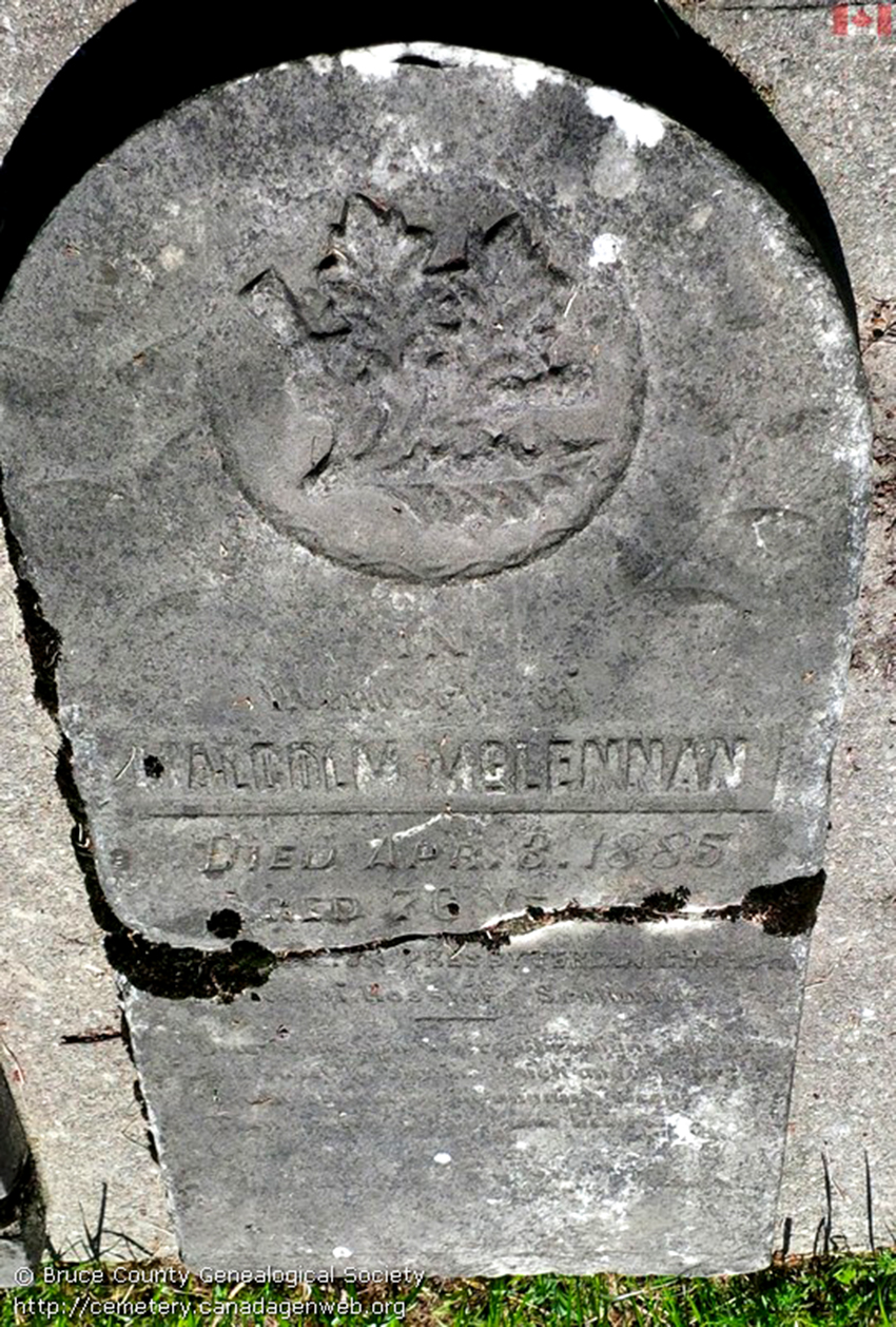 Photo of headstones/Malcolm McLennan d1885 hdstn Lewis cem Bruce ON